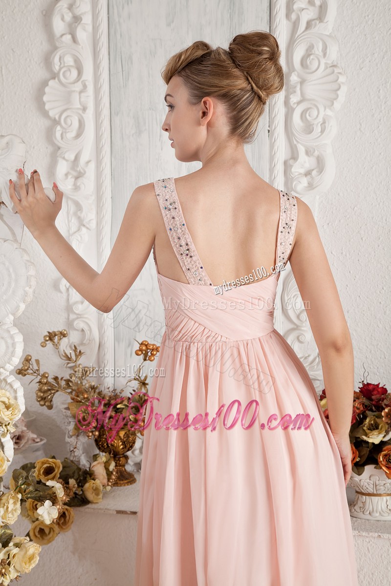 Baby Pink Empire Straps Beading and Ruche Prom Pageant Dress