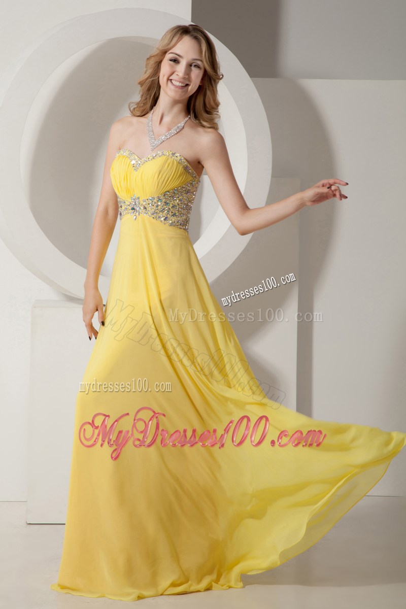 Beautiful Yellow Sweetheart Prom Dress with Beading and Ruching