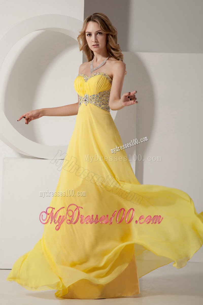 Beautiful Yellow Sweetheart Prom Dress with Beading and Ruching