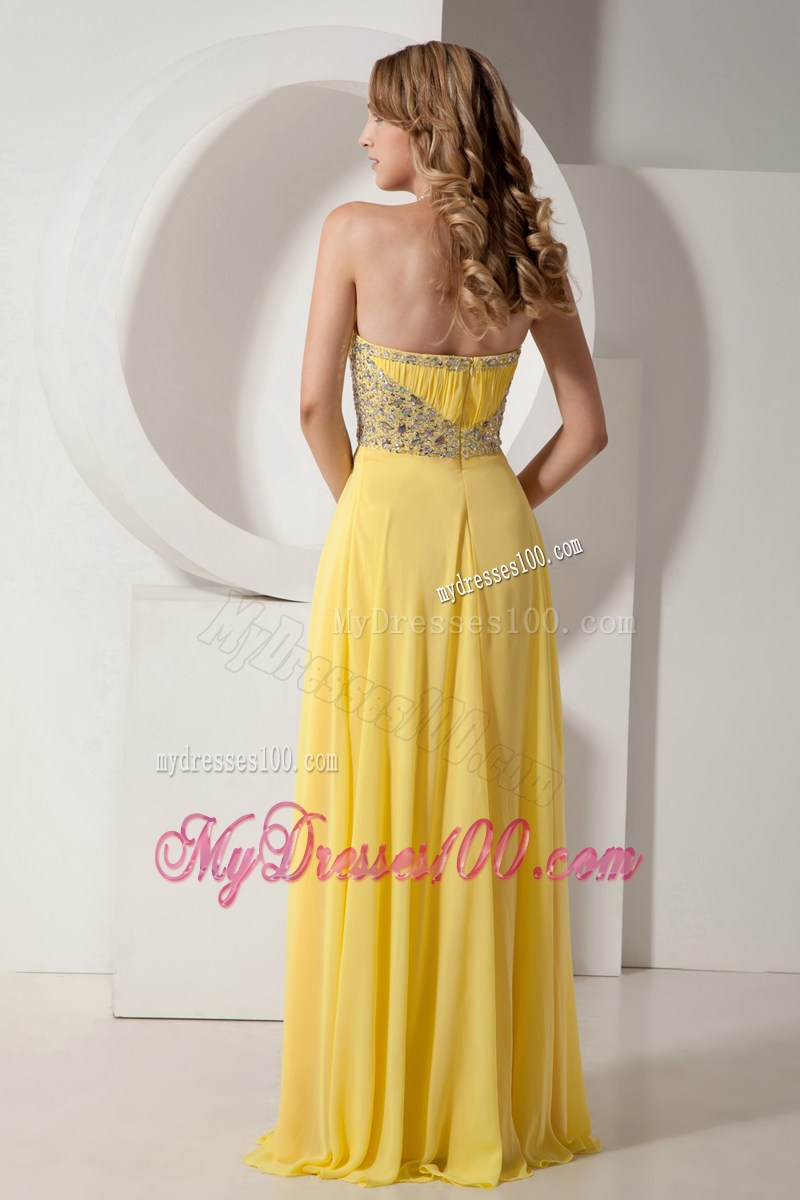 Beautiful Yellow Sweetheart Prom Dress with Beading and Ruching