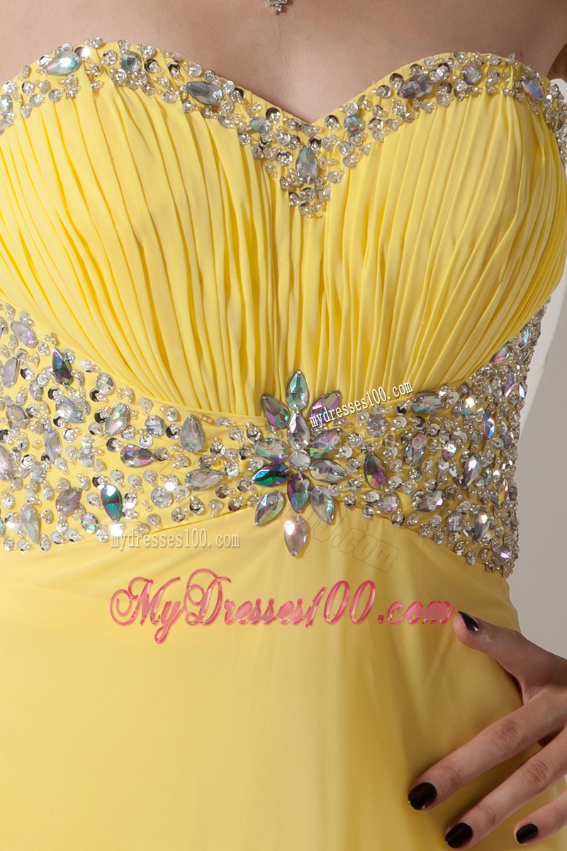 Beautiful Yellow Sweetheart Prom Dress with Beading and Ruching