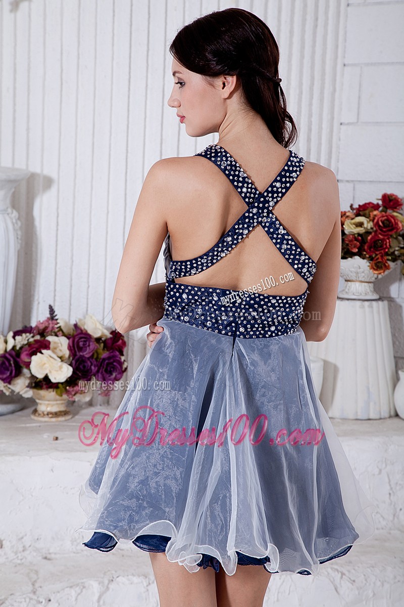 Blue V-neck Short Prom Homecoming Dress with Beading