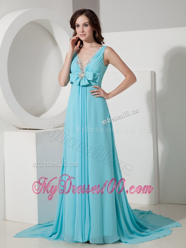 Elegant Light Blue Watteau Train Empire V-neck Beading Prom Dress