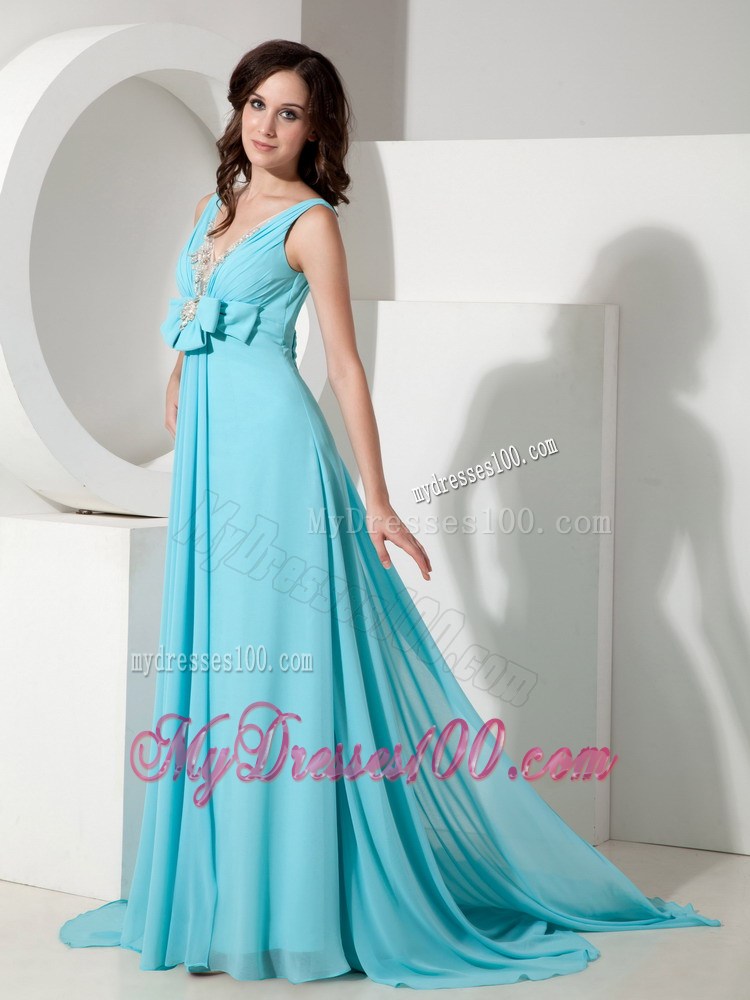 Elegant Light Blue Watteau Train Empire V-neck Beading Prom Dress