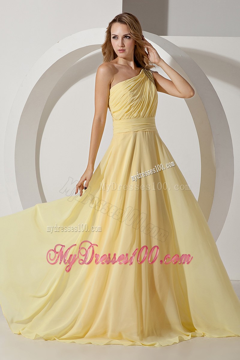 One Shoulder Light Yellow Empire Brush Train Beading Prom Dress
