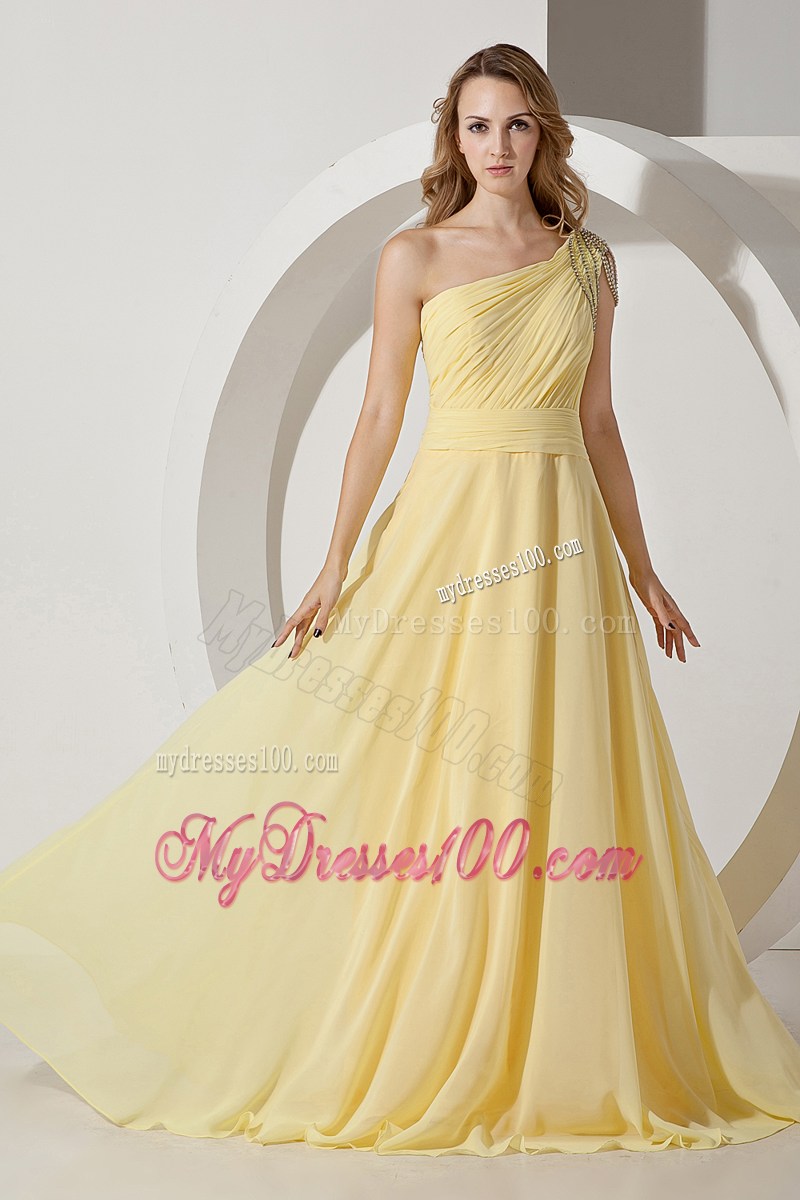 One Shoulder Light Yellow Empire Brush Train Beading Prom Dress