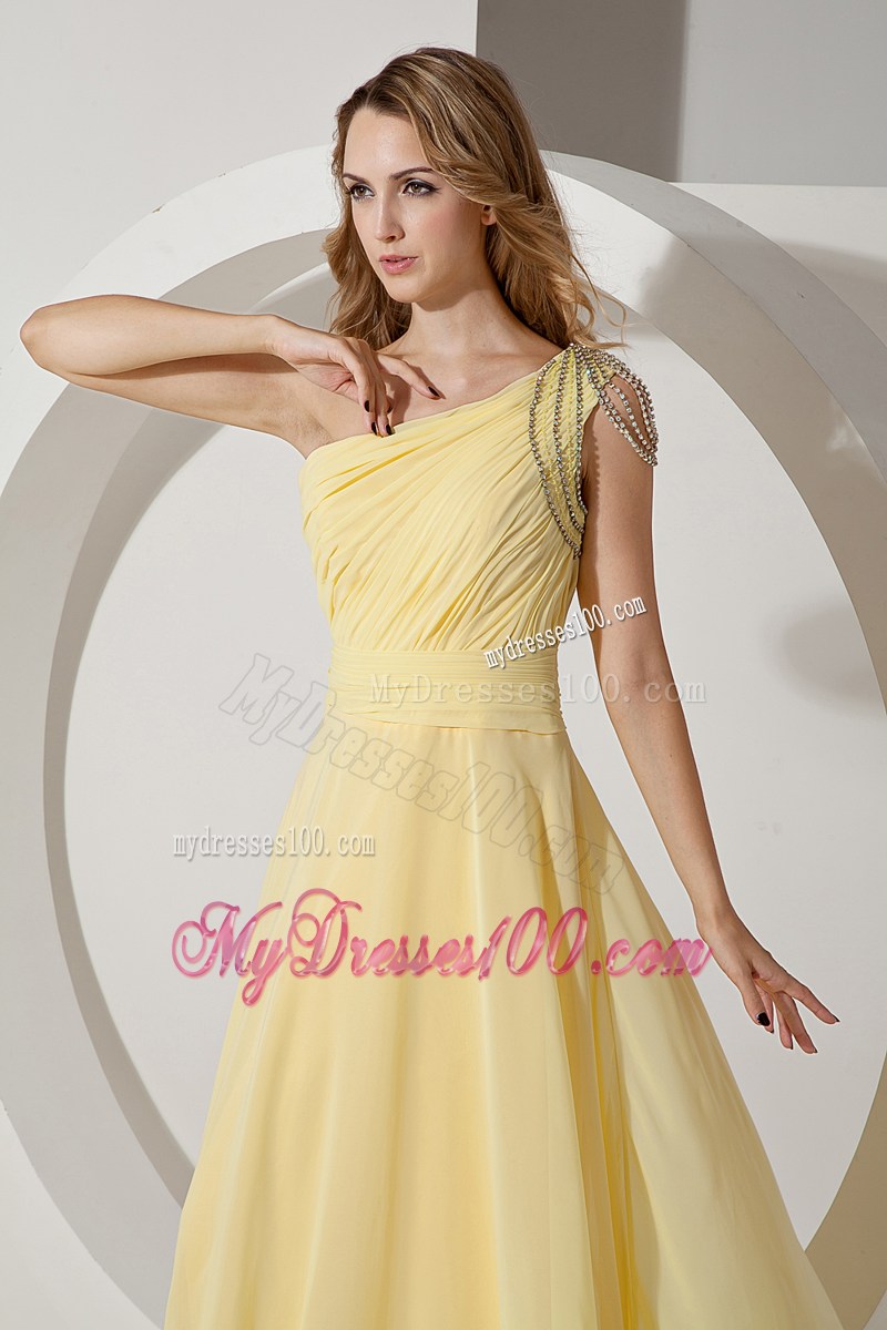 One Shoulder Light Yellow Empire Brush Train Beading Prom Dress