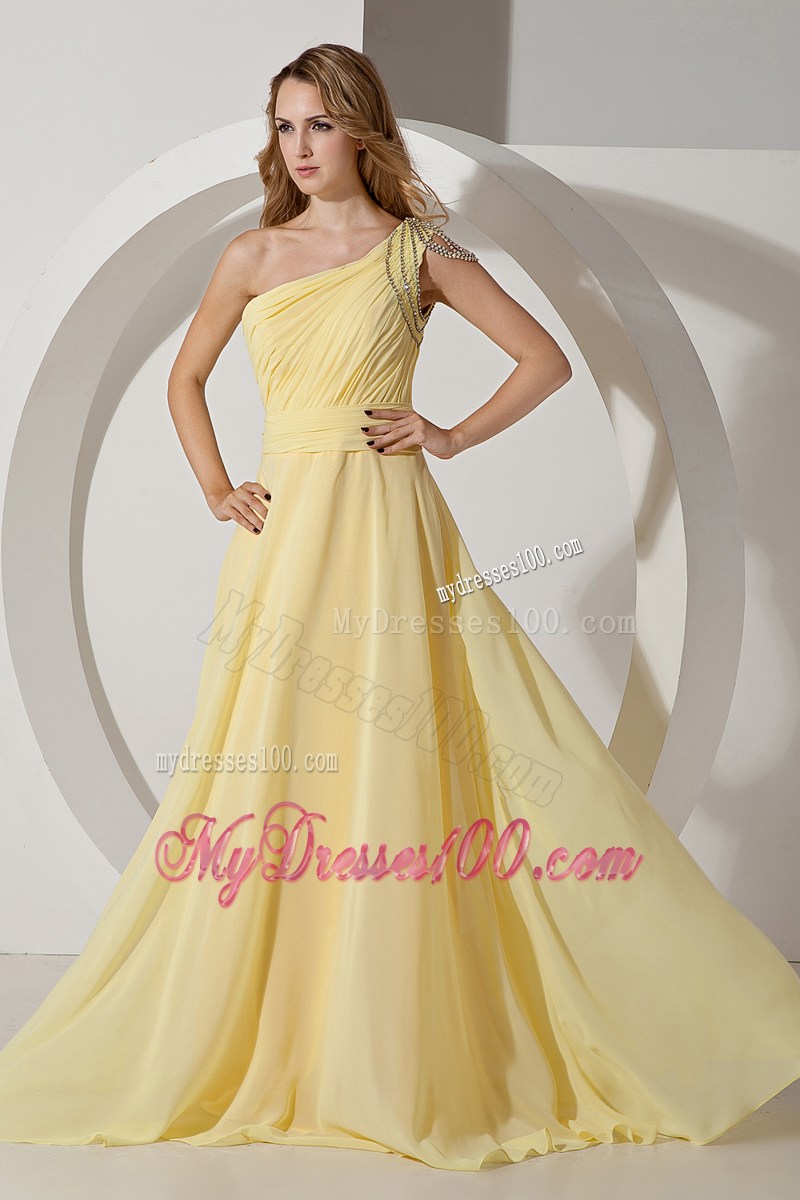 One Shoulder Light Yellow Empire Brush Train Beading Prom Dress
