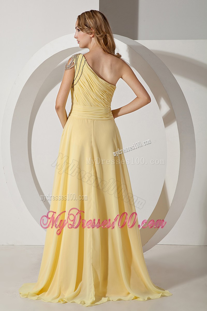 One Shoulder Light Yellow Empire Brush Train Beading Prom Dress