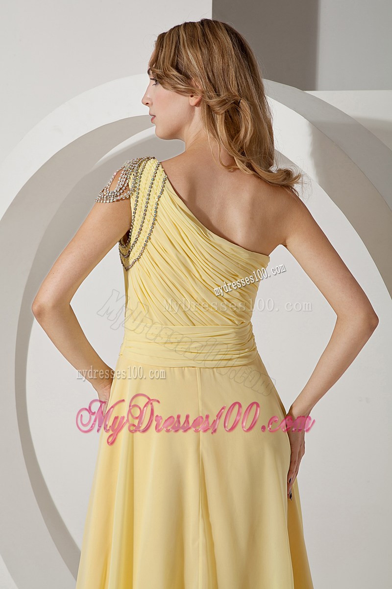 One Shoulder Light Yellow Empire Brush Train Beading Prom Dress