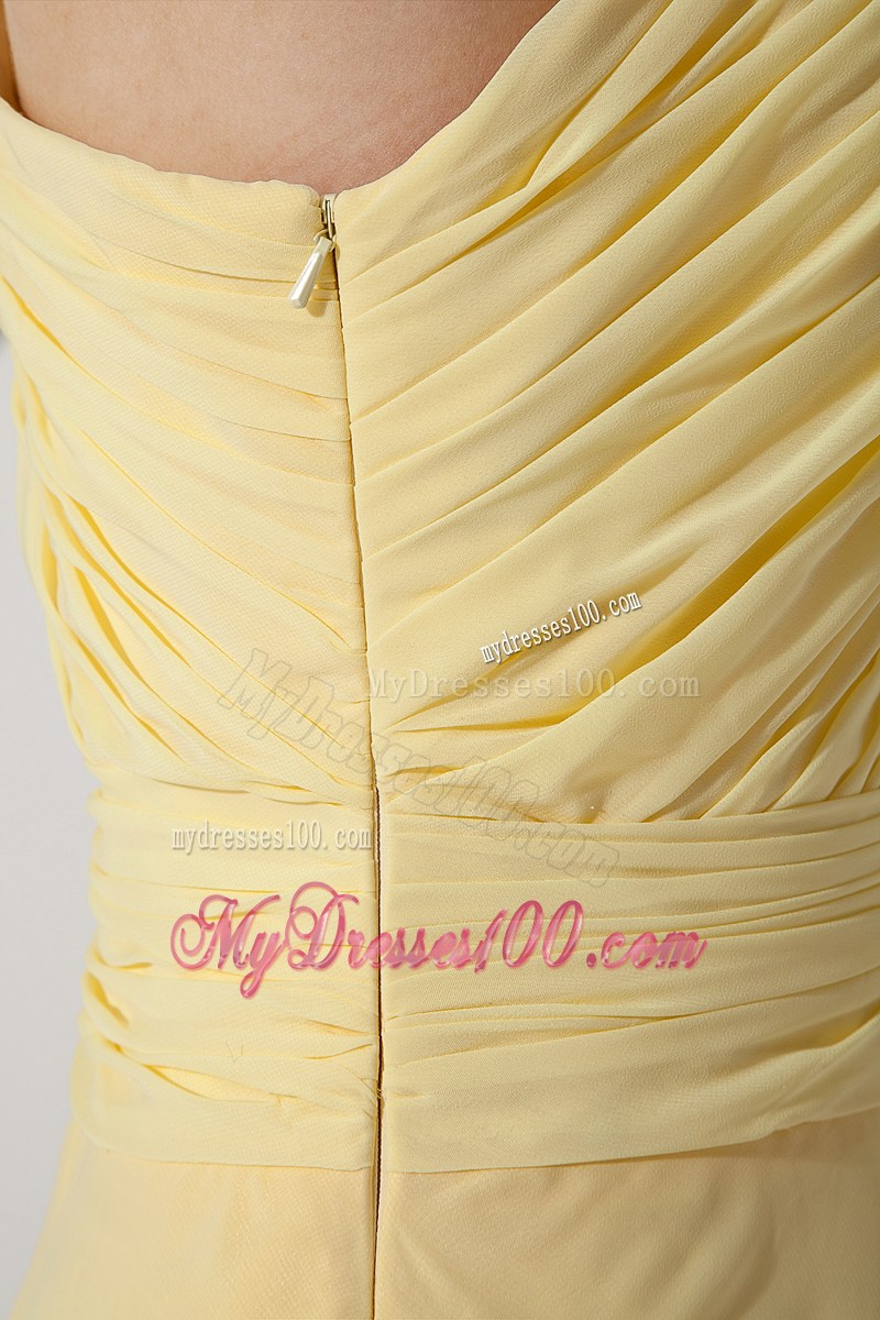 One Shoulder Light Yellow Empire Brush Train Beading Prom Dress