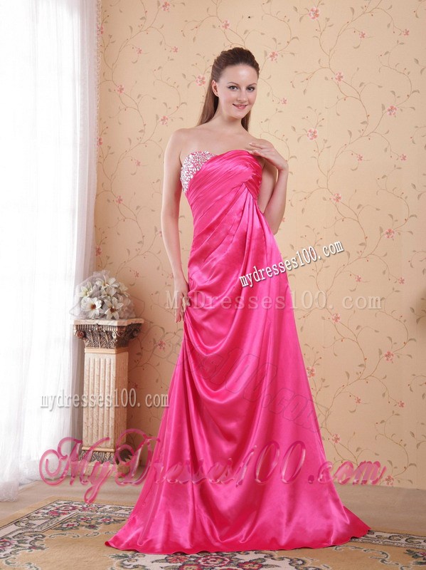 Hot Pink Empire Sweetheart Beading and Ruche Dress for Prom