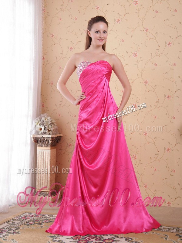 Hot Pink Empire Sweetheart Beading and Ruche Dress for Prom