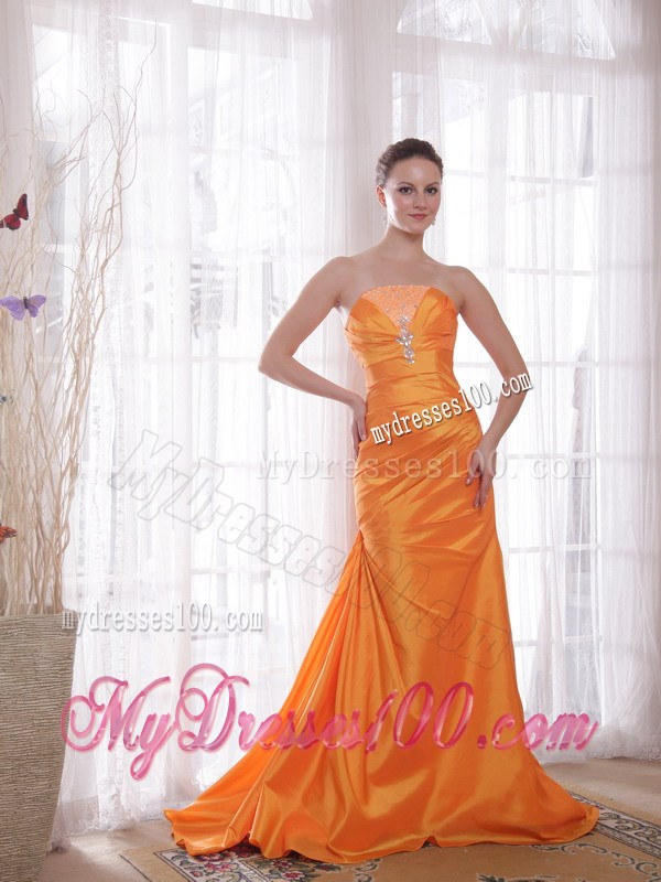 Orange Column Strapless Brush Train Beading Prom Pageant Dress