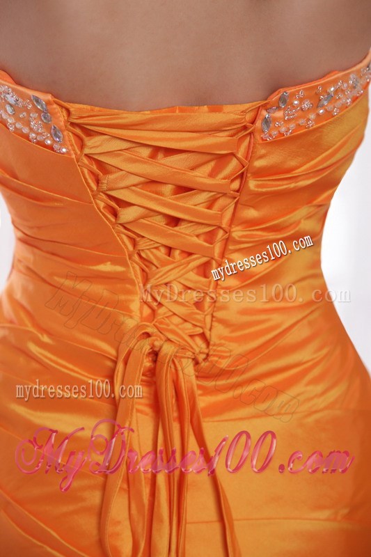 Orange Column Strapless Brush Train Beading Prom Pageant Dress