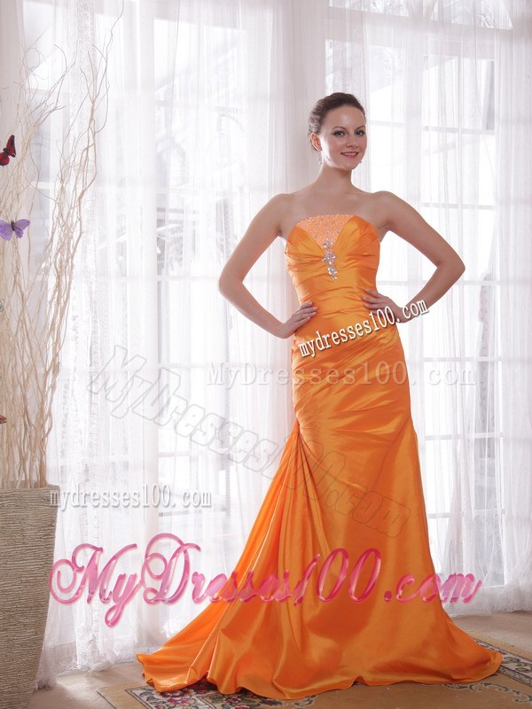 Orange Column Strapless Brush Train Beading Prom Pageant Dress