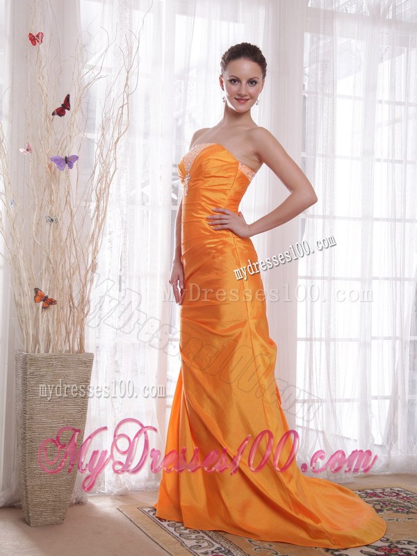 Orange Column Strapless Brush Train Beading Prom Pageant Dress