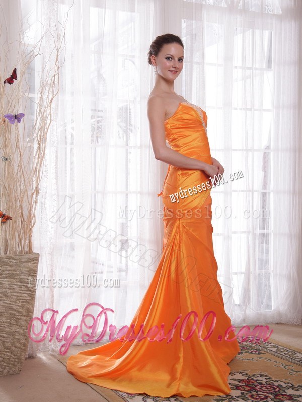 Orange Column Strapless Brush Train Beading Prom Pageant Dress
