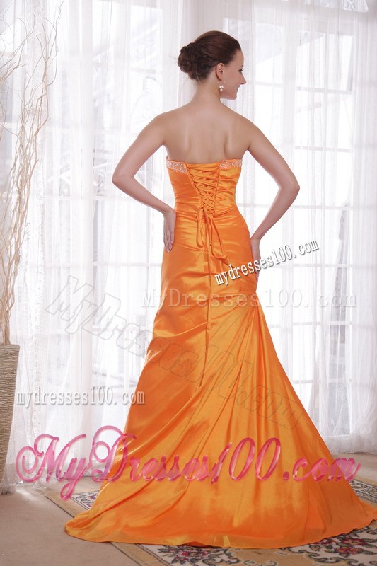 Orange Column Strapless Brush Train Beading Prom Pageant Dress