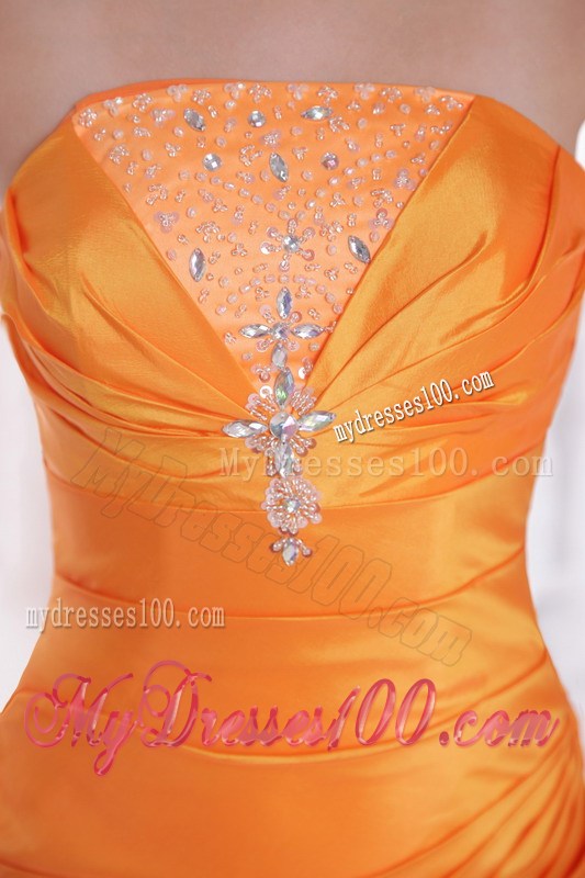 Orange Column Strapless Brush Train Beading Prom Pageant Dress