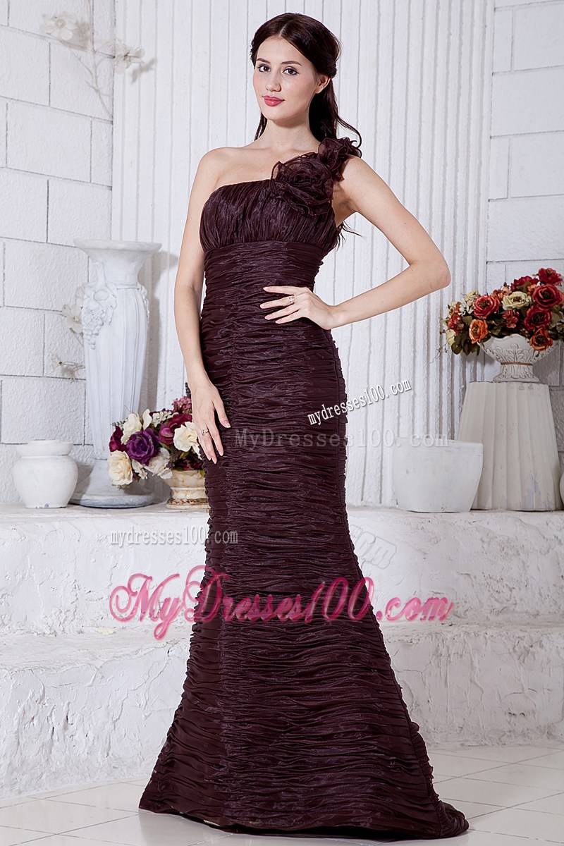 Burgundy Mermaid One Shoulder Hand Made Flowers Prom Dress