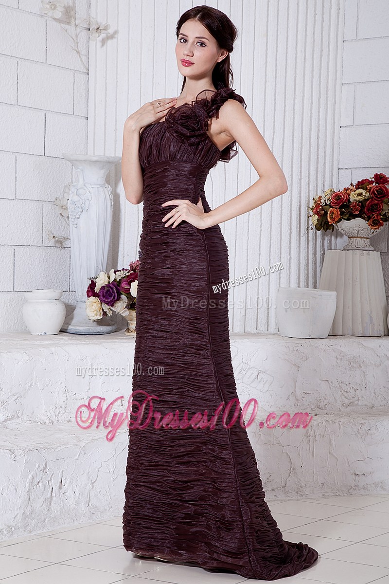 Burgundy Mermaid One Shoulder Hand Made Flowers Prom Dress