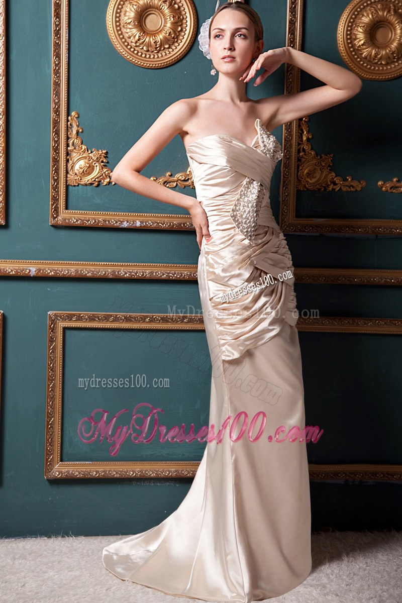 Column Sweetheart Brush Train Beading Prom Dress in Champagne
