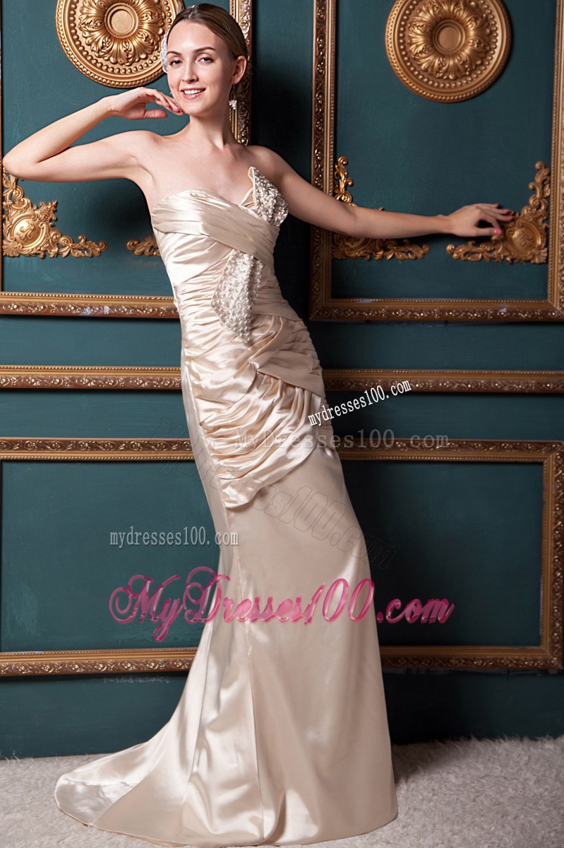 Column Sweetheart Brush Train Beading Prom Dress in Champagne