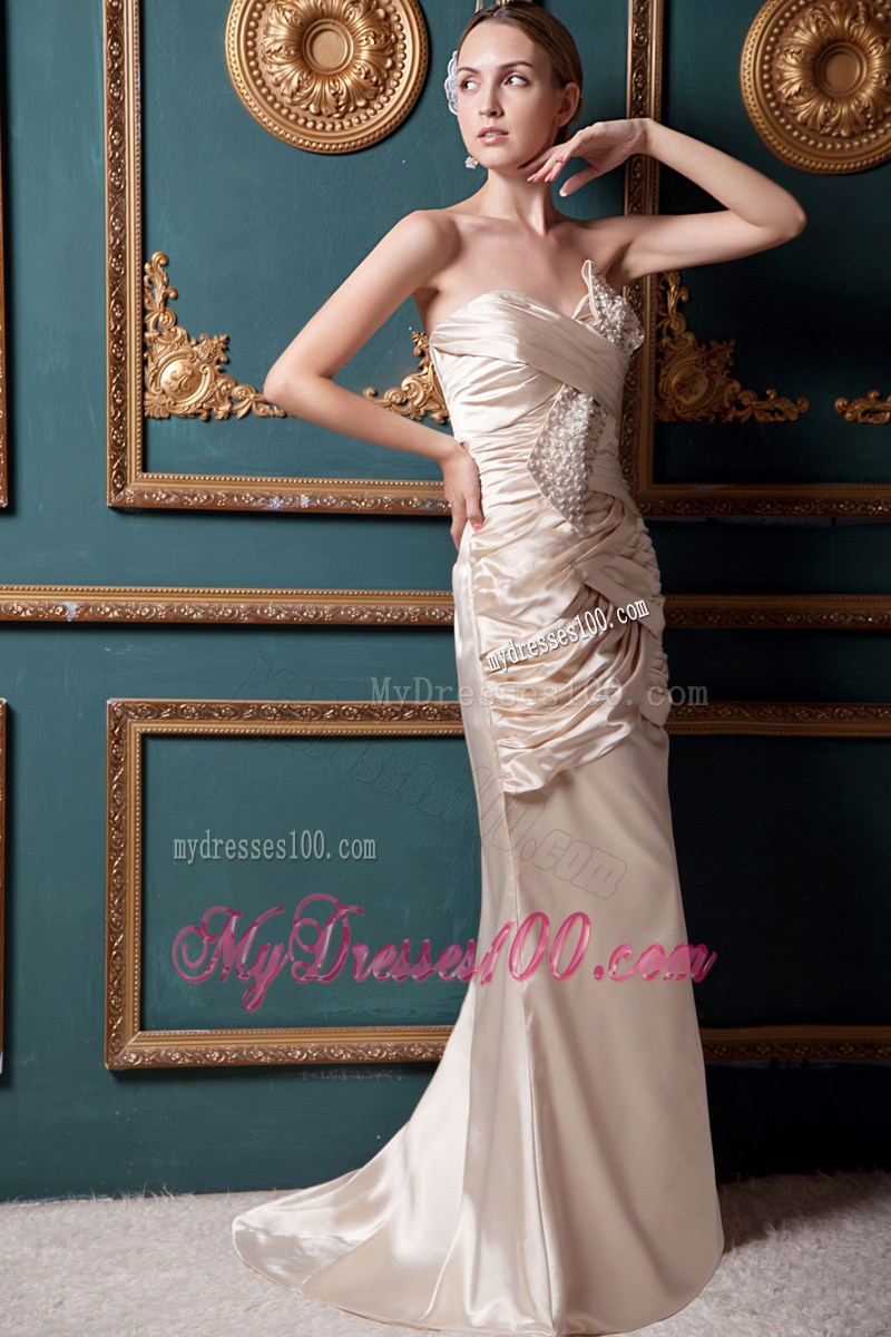 Column Sweetheart Brush Train Beading Prom Dress in Champagne