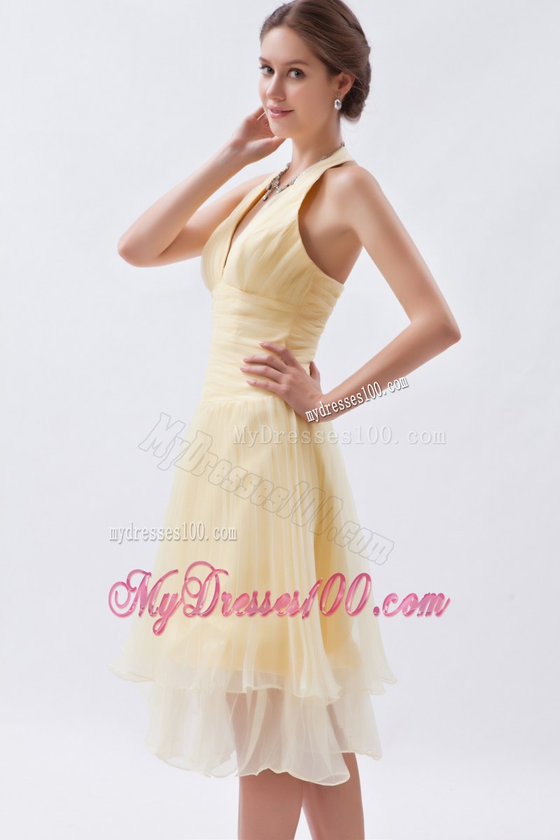 Champagne Princess Halter Ruche Prom Dress in Knee-length