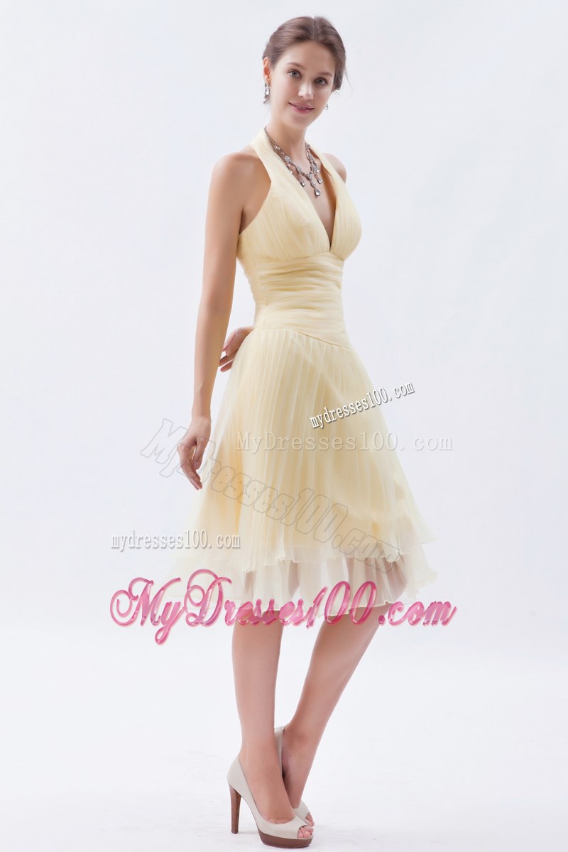 Champagne Princess Halter Ruche Prom Dress in Knee-length