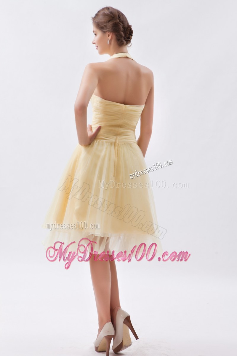 Champagne Princess Halter Ruche Prom Dress in Knee-length