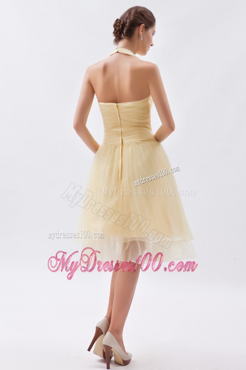 Champagne Princess Halter Ruche Prom Dress in Knee-length