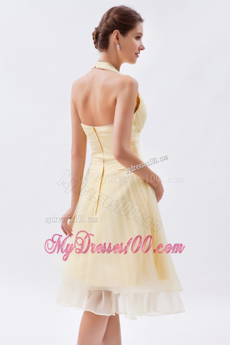Champagne Princess Halter Ruche Prom Dress in Knee-length