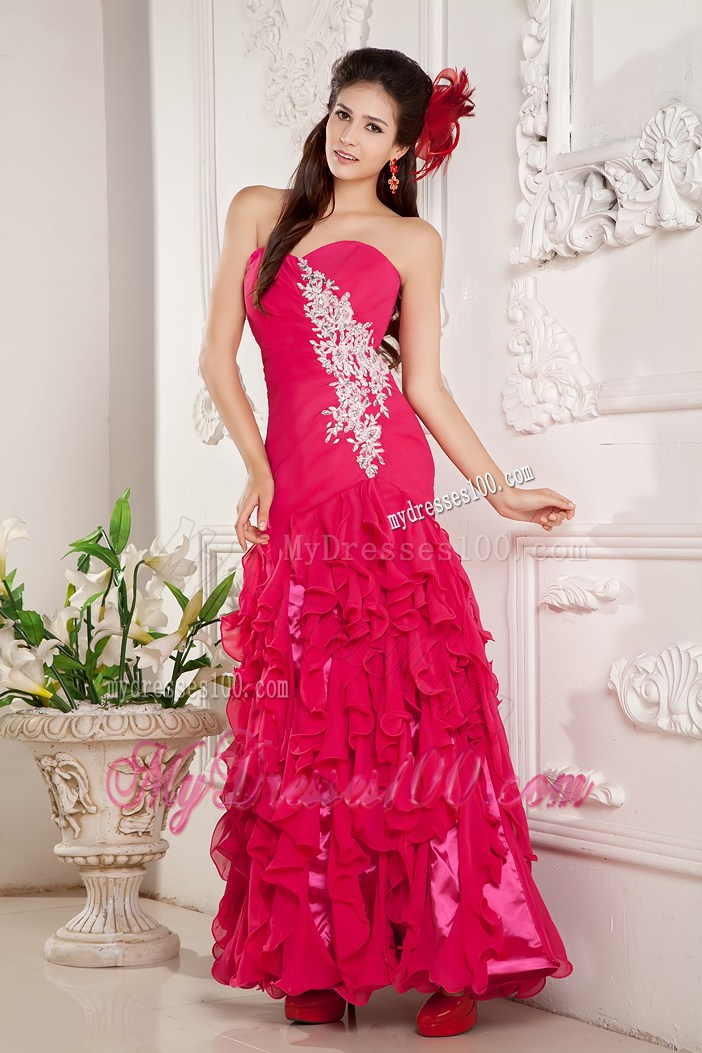 Hot Pink Ankle-length Sweetheart Prom Dress with Ruffles Layered