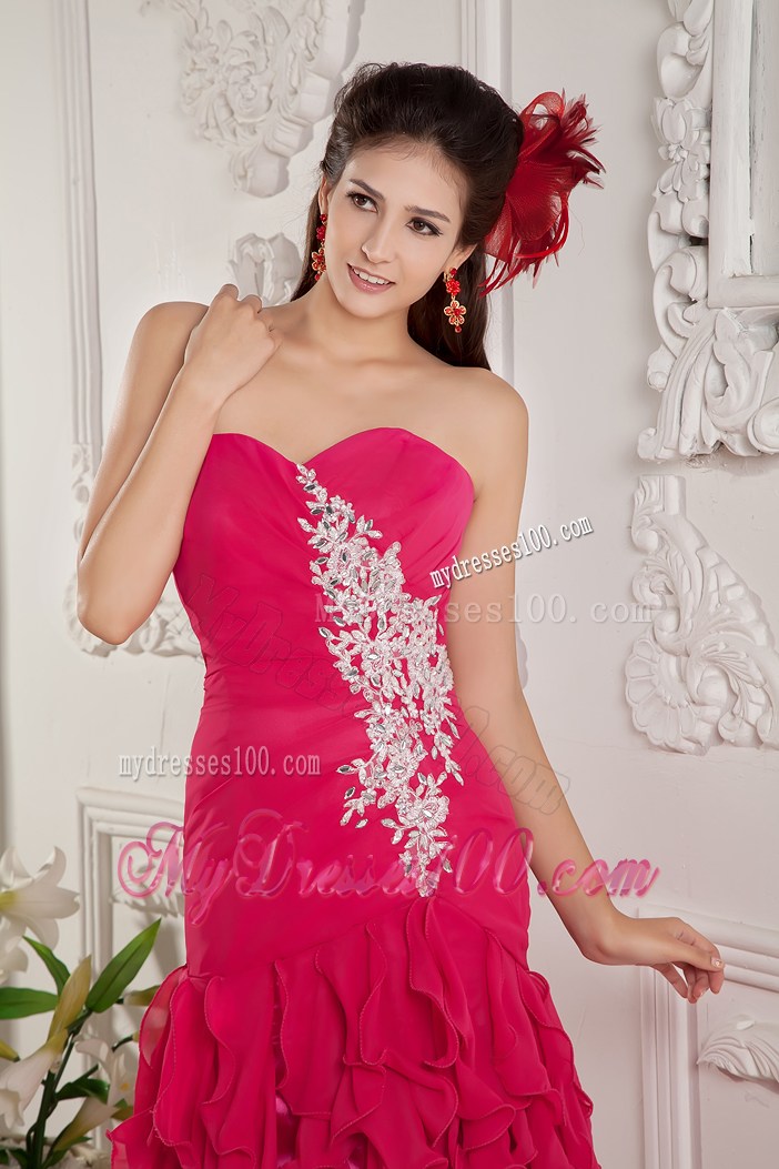 Hot Pink Ankle-length Sweetheart Prom Dress with Ruffles Layered