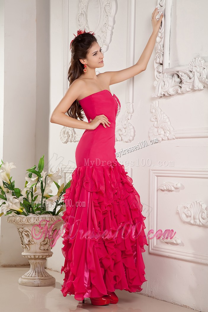 Hot Pink Ankle-length Sweetheart Prom Dress with Ruffles Layered