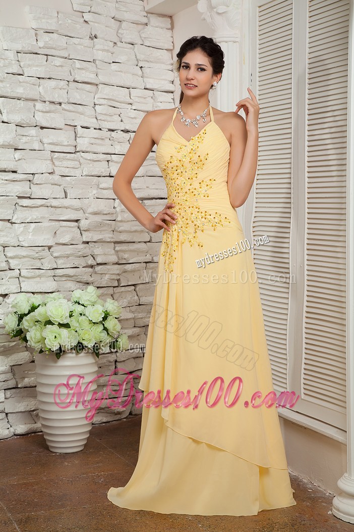 Classical Light Yellow Empire Halter Appliques Prom Evening Dress