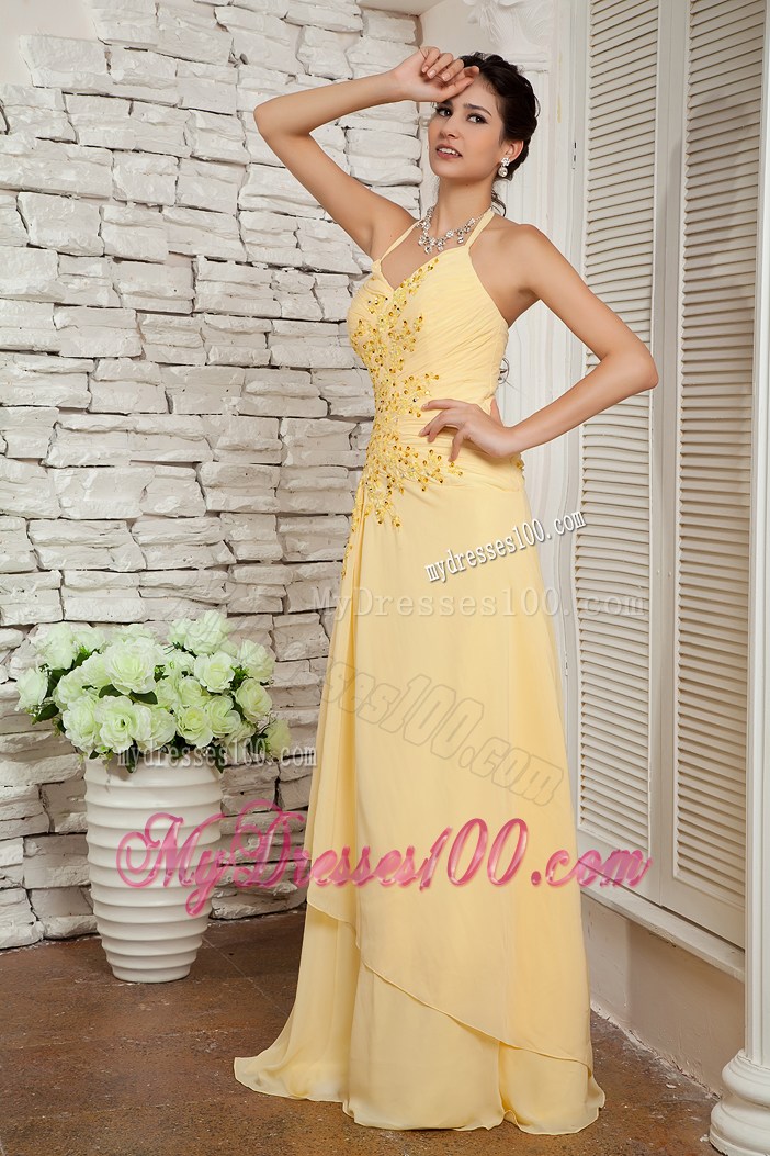 Classical Light Yellow Empire Halter Appliques Prom Evening Dress