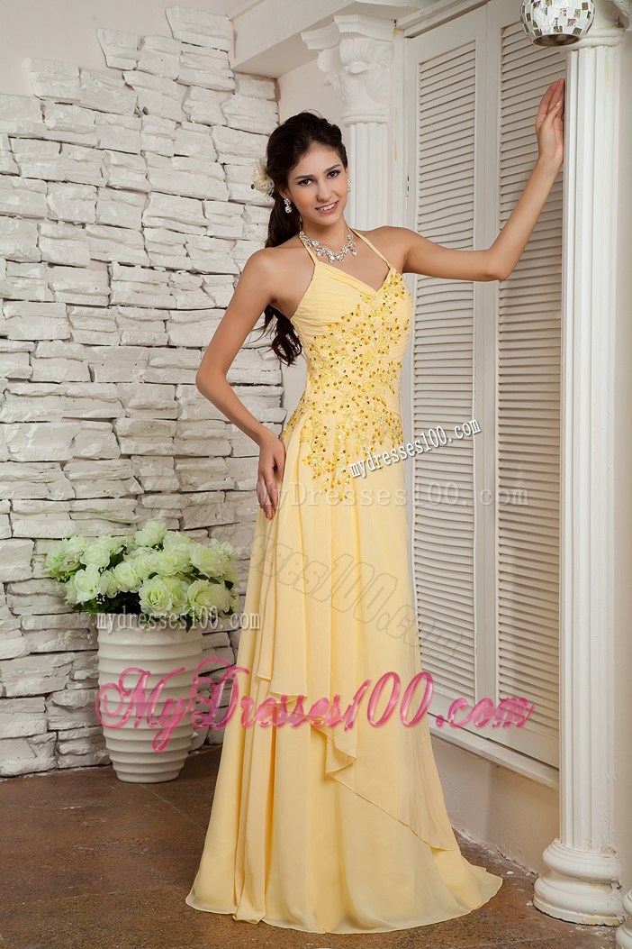 Classical Light Yellow Empire Halter Appliques Prom Evening Dress
