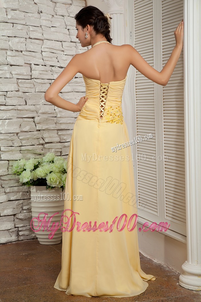 Classical Light Yellow Empire Halter Appliques Prom Evening Dress