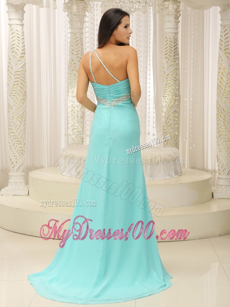 Beaded Decorate One Shoulder Ruched Bodice High Slit For Prom Dress Custom Made