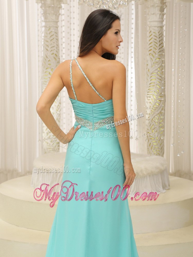 Beaded Decorate One Shoulder Ruched Bodice High Slit For Prom Dress Custom Made