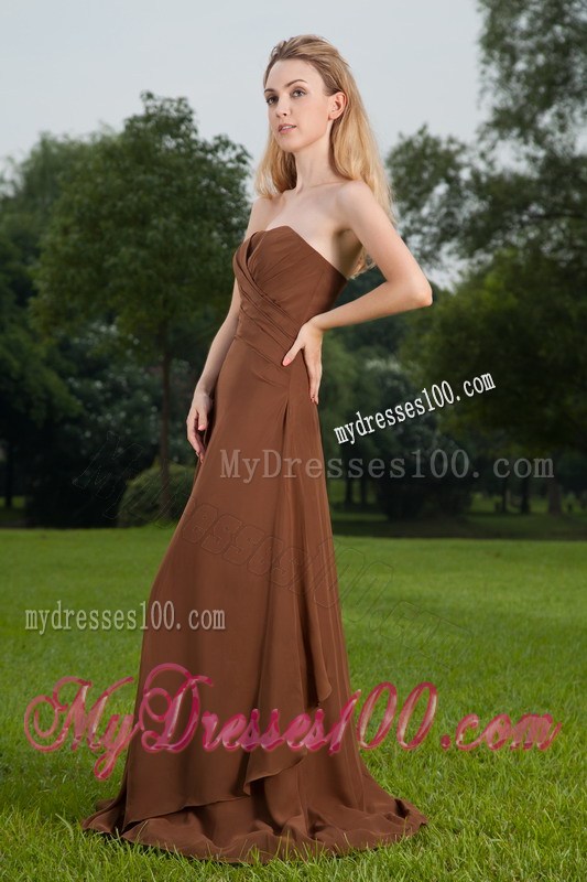 Strapless Brown Column Ruching Prom Dress with Brush Train