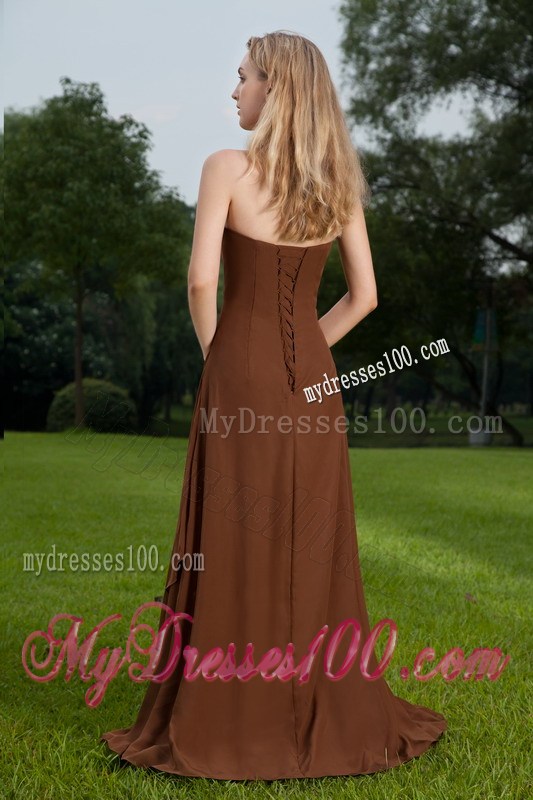 Strapless Brown Column Ruching Prom Dress with Brush Train