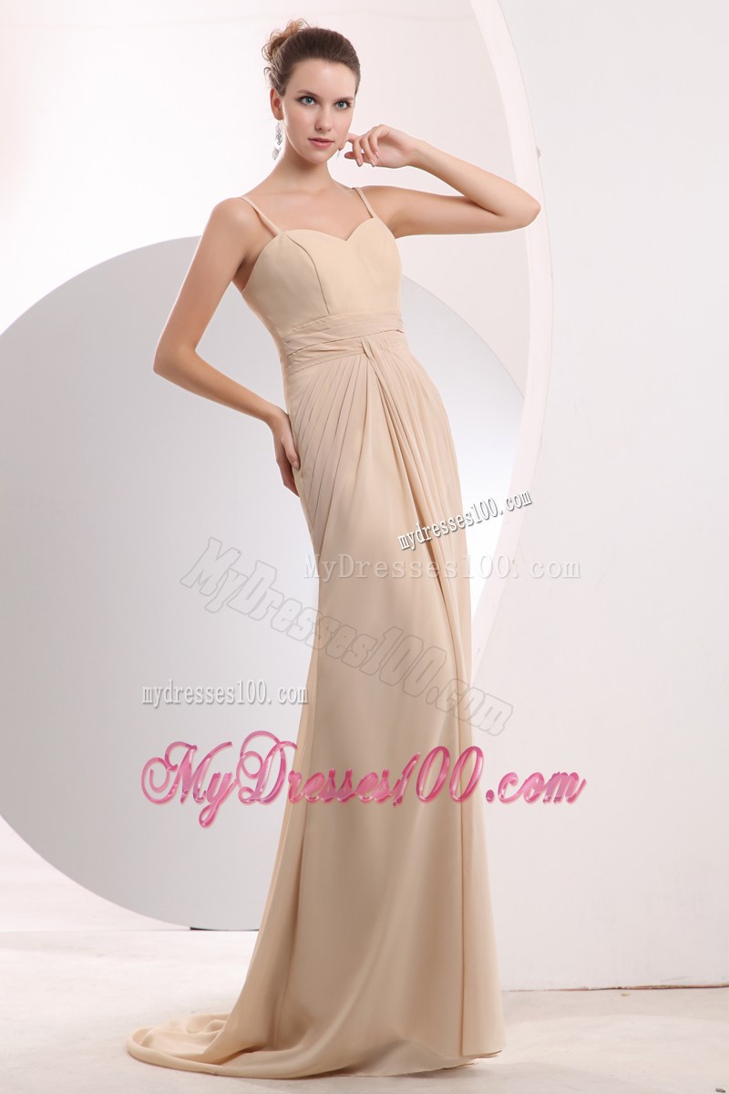 Champagne Empire Brush Train Ruching Prom Dress with Straps