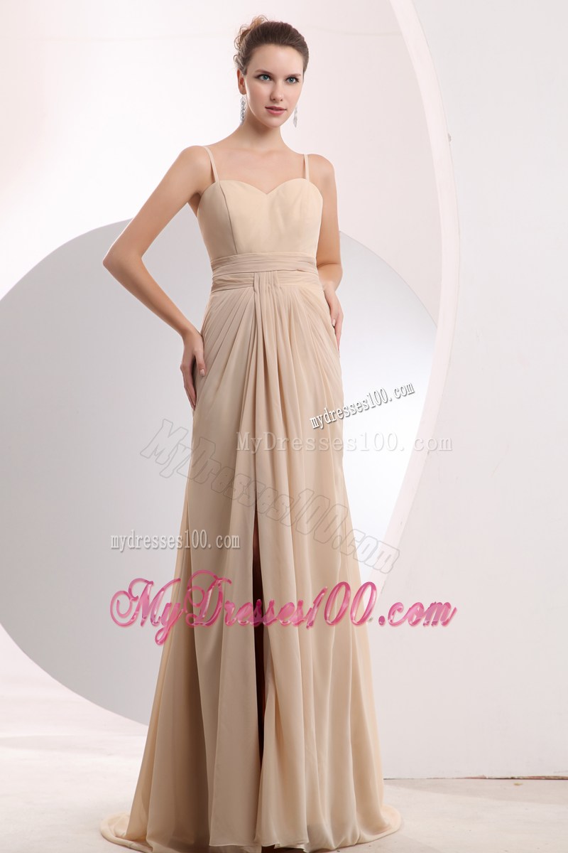 Champagne Empire Brush Train Ruching Prom Dress with Straps