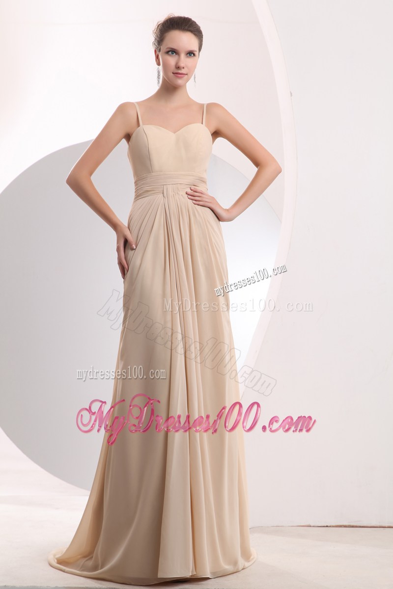 Champagne Empire Brush Train Ruching Prom Dress with Straps