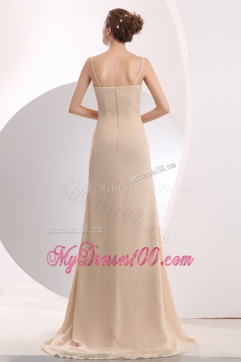 Champagne Empire Brush Train Ruching Prom Dress with Straps