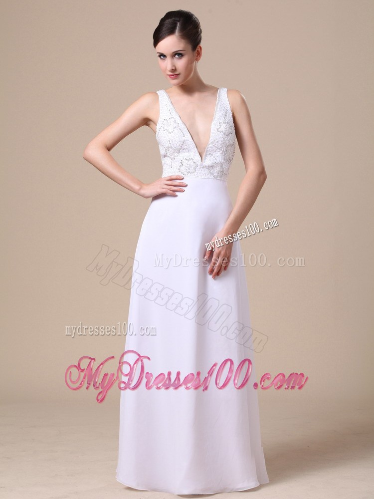 Elegant V-neck Empire Beading Backless Prom Dress in White